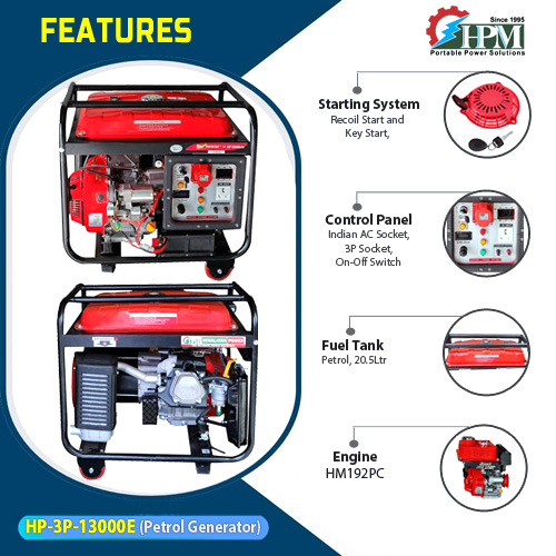 10 KVA World’s Most Powerful & Most Light Weight ,Portable Generator - 3 Phase, Petrol Run, Recoil & Self Start Model HP-3P-13000E
